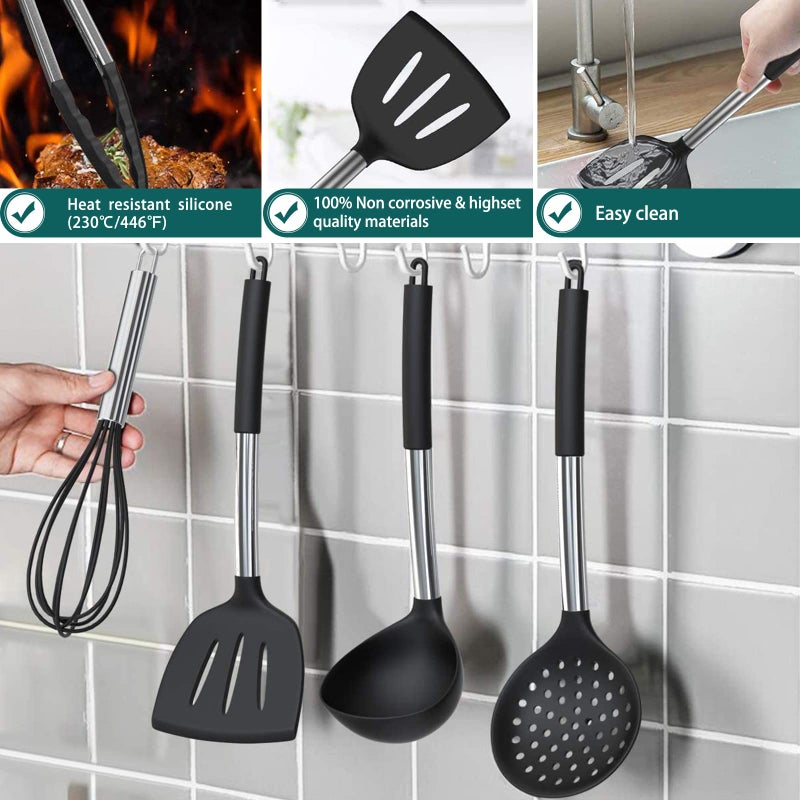 Umite Chef Silicone Cooking Utensil Set, Umite Chef 15pcs Silicone Cooking Kitchen Utensils Set, Non-stick - Best Kitchen Cookware with Stainless Steel Handle - Black Kitchen Utensils - Image 5